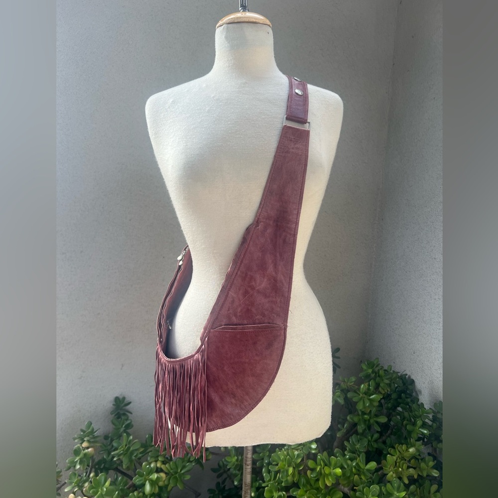 Sash bag crossbody leather deep rose pink color fringe several zipper pockets